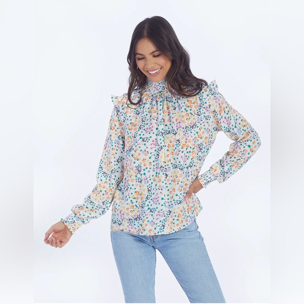 NWT Summersalt Womens S Silky Mock Neck Blouse Wildflower Fields Sunshine Coral